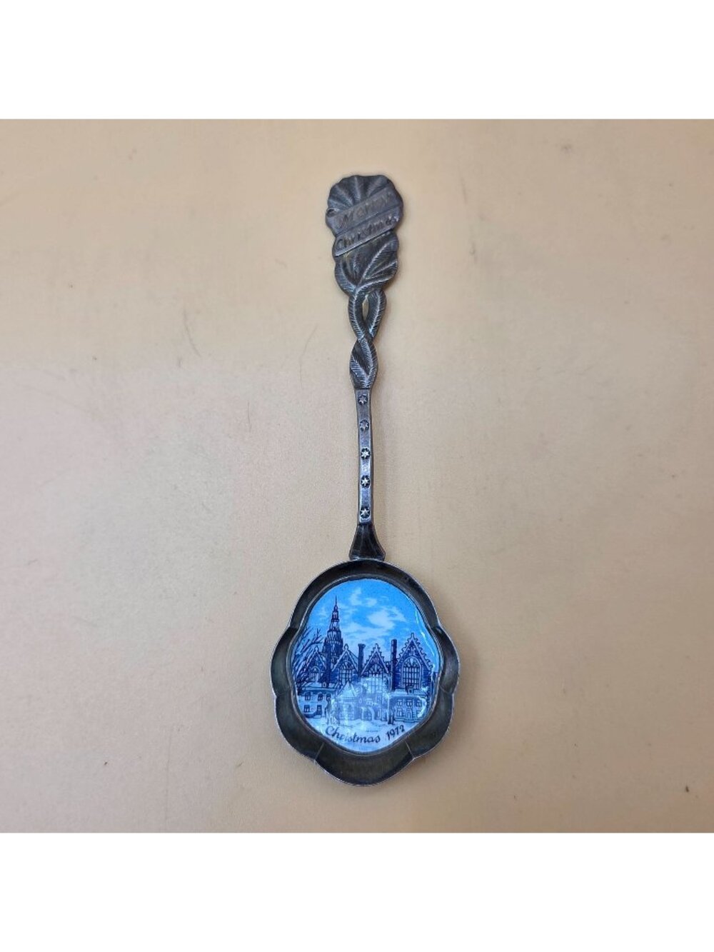 Holland Christmas 1972 Blue Enamel Village Gothic City Hall Rathaus Spoon